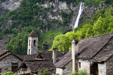 Hamlet of Foroglio with a waterfall in the Bavona Valley