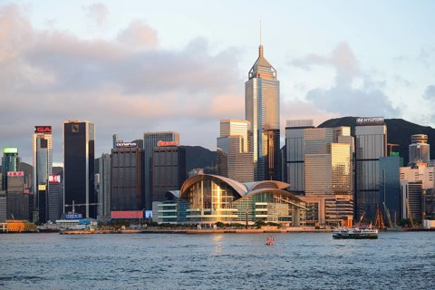 View from Kowloon on Hong Kong Island's skyline on Hong Kong River