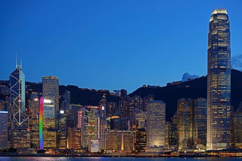 View at the blue hour from Kowloon on Hong Kong Island's skyline on Hong Kong River