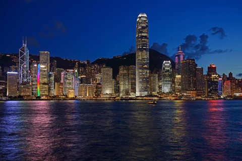 View at the blue hour from Kowloon on Hong Kong Island's skyline on Hong Kong River