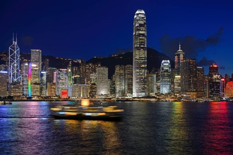 View at the blue hour from Kowloon on Hong Kong Island's skyline on Hong Kong River