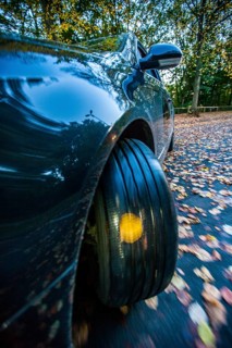 Car driving on a street covered with leaves