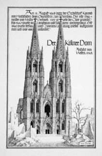 Historic engraving depicting the destroyed Cologne Cathedral by J. Helbig