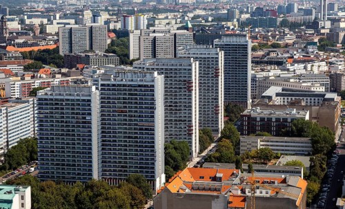 Top view of the centre of Berlin with skyscrapers in Leipziger Strasse street