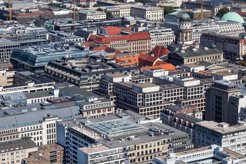 Top view of the centre of Berlin with the German and French Cathedrals on Gendarmenmarkt square