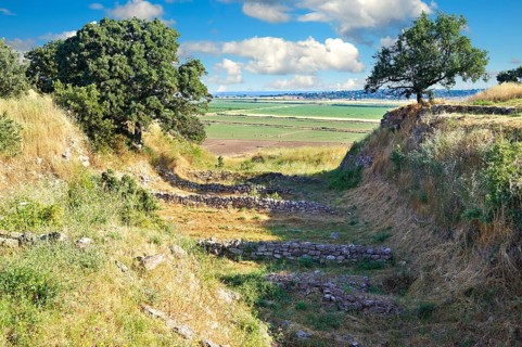 Part of the Schliemann Trench excavated from 1871 with remains of the original walls and Bronze age house walls of Troy from the Early Troia I Period