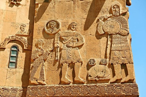 Bas-relief sculptures with scenes from the Bible on the outside of the 10th century Armenian Orthodox Cathedral of the Holy Cross on Akdamar Island
