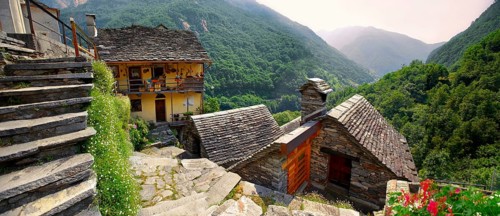 Rustic mountain peasant village of Corippo with stone houses and church