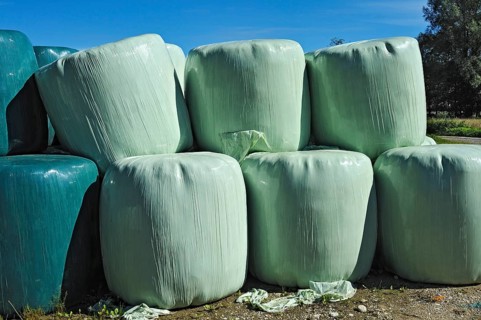 Hay bales wrapped in green plastic sheeting