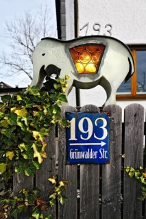 Lantern shaped like an elephant with ivy (Hedera) on a fence