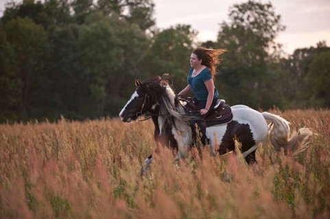 Woman gallopping on an Irish Tinker across a meadow