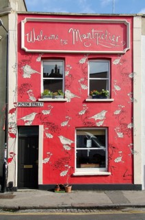 Facade of house painted with birds and flowers