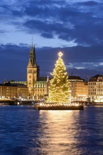 Binnenalster lake with Christmas tree and Town Hall at Christmas time