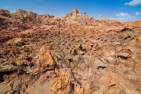 Rock formations on the edge of the hydro-thermal springs on the Dallol shield volcano