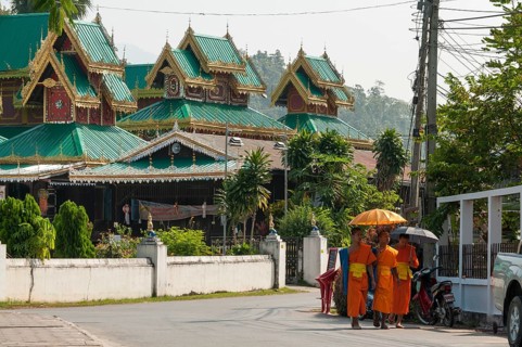 Buddhist monks with parasols
