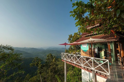 Parasols on a café terrace with a view