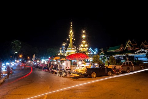 Night market outside the temple complex of Wat Jong Kham or Chong Kham and Wat Jong Klang or Chong Klang