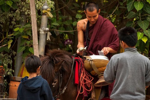Buddhist monk on horseback with a begging bowl collecting alms in the morning