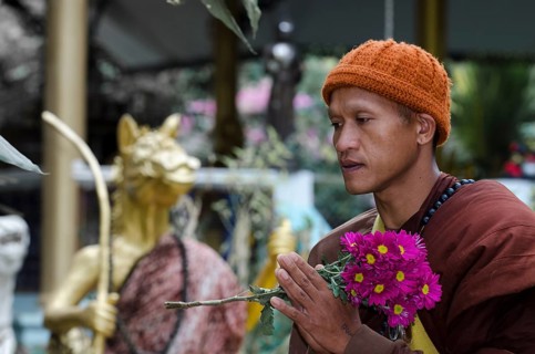 Buddhist monk holding flowers during a morning alms collection
