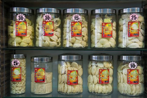 Edible Swiflet nests on sale in a medicine shop for making bird's nest soup
