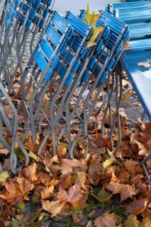 Empty tables and chairs of an outdoor restaurant in the rain with autumn leaves in the historic town centre of Cologne