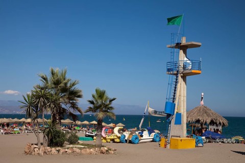 Palm trees and the tower of the lifeguards on Hawaii Playa beach