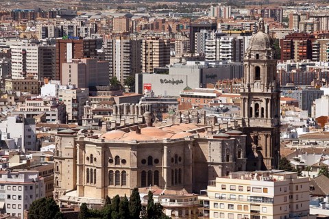 View from Monte de Gibralfaro over the historic town centre with Malaga Cathedral Catedral de la Encarnacion