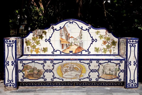 Bank decorated with tiles in Almeda Park