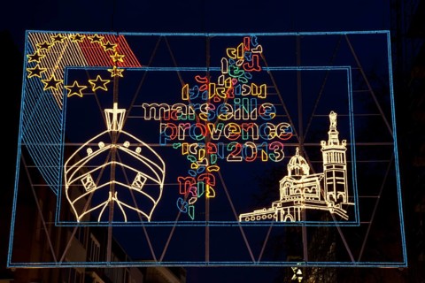 Lichtwochen light display to the theme of Europe in Essen with France as the host country, Marseille