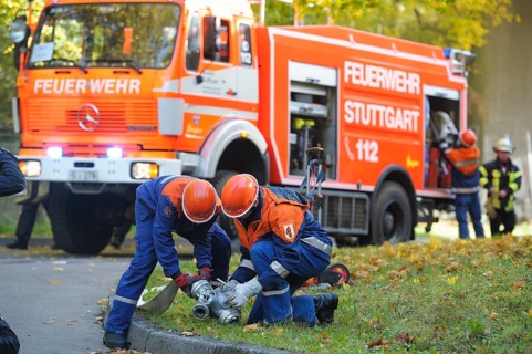 Final fire service drill of the young Stuttgart firefighters in autumn