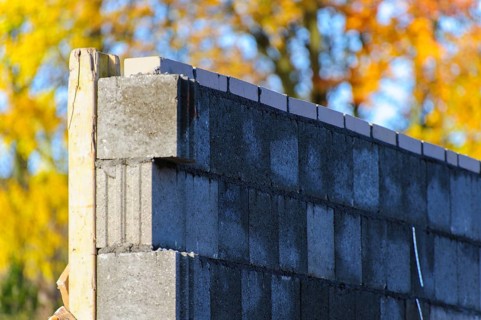 Freshly built wall of hollow blocks
