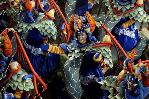 Samba dancers dressed in fanciful costumes