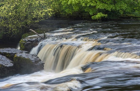 View of river and waterfall
