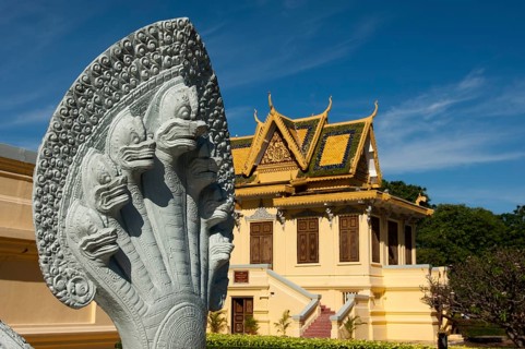 Sculpture of a seven-headed Naga snake in front of the Royal Hor Samran Phirun pavilion on the grounds of the Royal Palace