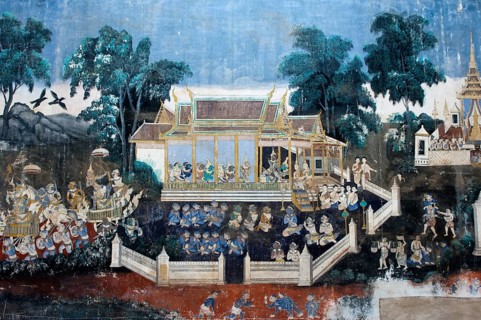 Mural depicting scenes from the Khmer version or Reamker version of the classic Indian Ramayana epos in the covered gallery of the Silver Pagoda