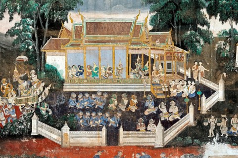 Mural depicting scenes from the Khmer version or Reamker version of the classic Indian Ramayana epos in the covered gallery of the Silver Pagoda