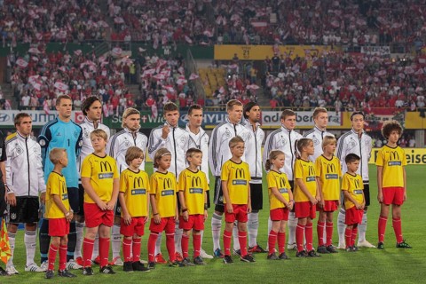 The German team during the national anthem before the WC qualifier soccer game on September 11