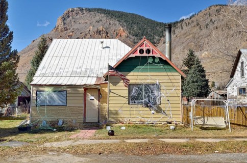 Historic building with Halloween decoration