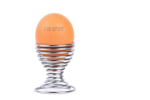 Brown egg with the producer code in egg cup