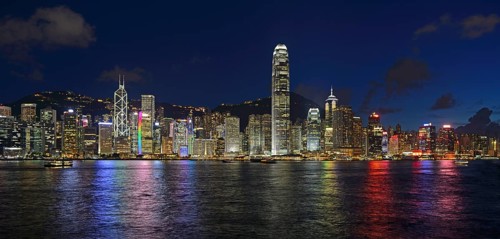 View at the blue hour from Kowloon on Hong Kong Island's skyline on Hong Kong River