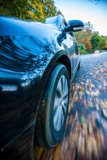 Car driving on a street covered with leaves