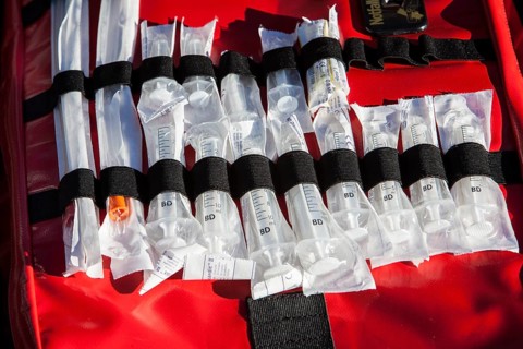Medical emergency kit during an emergency exercise with numerous rescue organisations and the police taking part