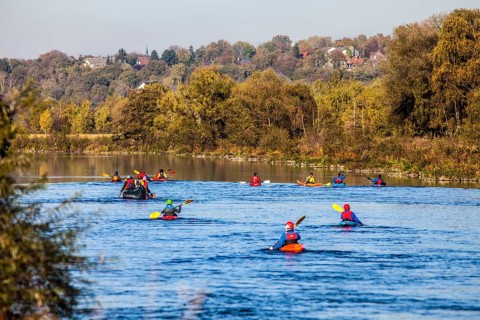 Canoeists on the Ruhr River in autumn