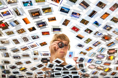 Young woman sorting mounted slides
