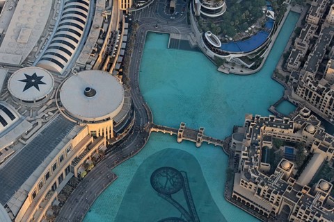 View from Burj Khalifa towards Dubai Mall and Fountain Lake