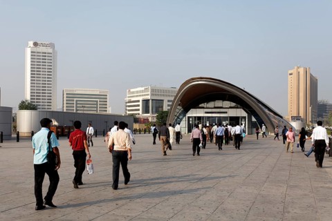 People going towards the Metro in the morning