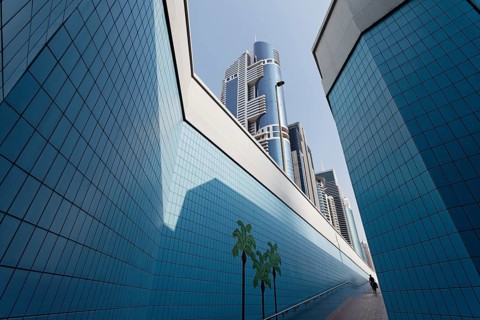 Single person walking through a pedestrian underpass with painted palm trees