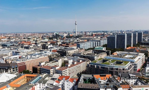 Top view of the centre of Berlin with skyscrapers in Leipziger Strasse