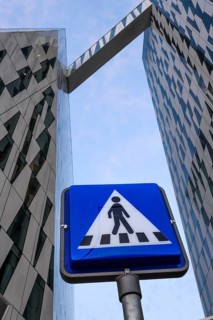 Zebra crossing sign in front of the Bella Sky Comwell Hotel in Oerestaden