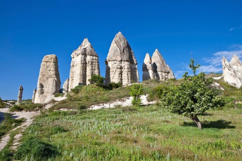 Fairy Chimneys made of tufa in the Valley of Love near the World Heritage Site of Goereme